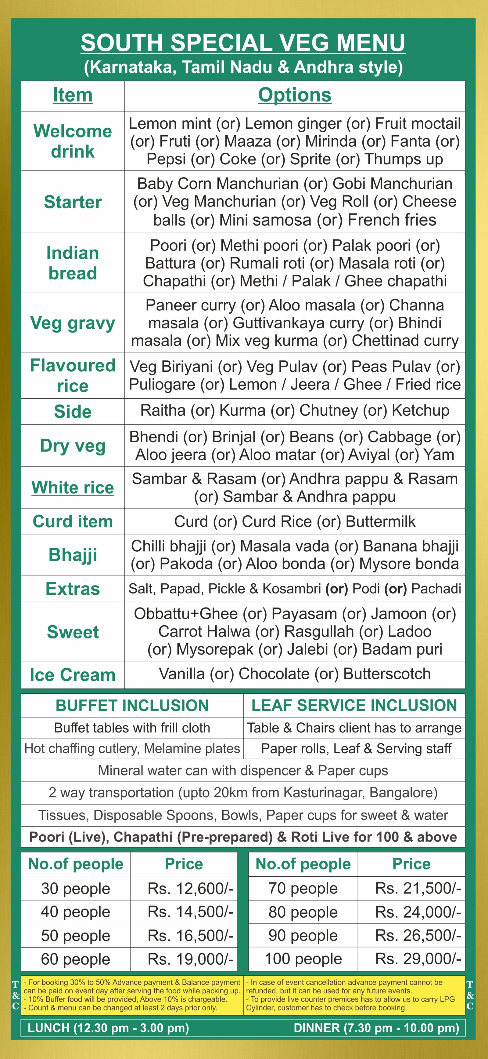 South indian special catering menu price list in Bangalore