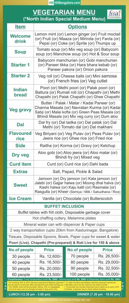North Indian medium catering menu bangalore