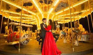 Couple dancing in vibrant lighting for the anniversary celebration suitable for finding anniversary catering services near me bangalore