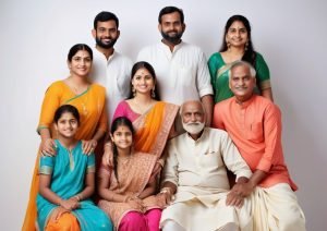 Extended family gathered around an outdoor candlelit table laden with shared plates, string lights overhead, and multigenerational guests enjoying a relaxed meal—perfect for family get together catering services near me.