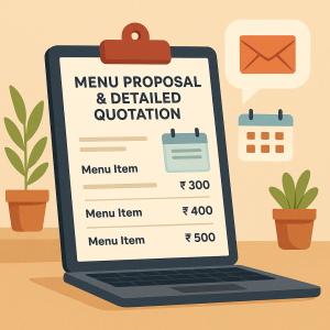 Illustration of a laptop showing a detailed catering service quotation near all bangalore areas