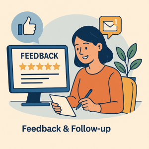 Flat-style illustration of a client giving feedback and follow-up for catering services Bangalore and catering services near me, showing a woman filling out a feedback form on paper with a feedback screen, thumbs-up icon, and message notification on a computer