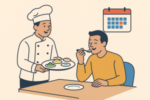 Flat-style illustration of a chef serving a tasting platter to a customer one week before the event for catering services Bangalore and catering services near me, with a calendar icon marking the tasting date